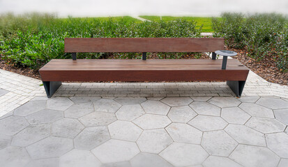 New Modern Bench in City Park, Wooden Outdoor Chair, Urban Public Furniture