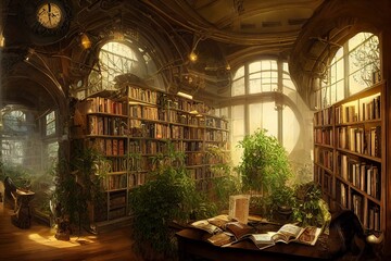 Steampunk old synthwave library with plants illustration