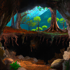 Mysterious imaginary woods as view from above a cave. Fantasy illustration.