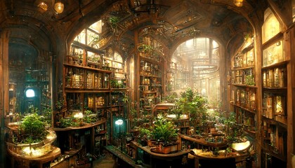 Steampunk old synthwave library illustration