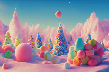 Colorful pastel candy winter landscape as fantasy background