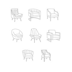 Modern chair vector icon set doodle line illustration. Sign collection. Sofa and couch symbol. Perfect for logo