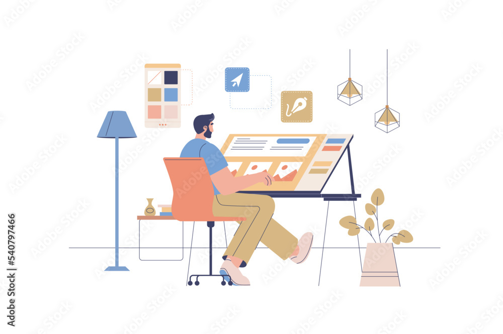 Poster Designer studio web concept with people scene. Illustrator working at drawing table with pen and palette. Creative artist making content. Character situation in flat design. Vector illustration.