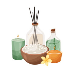 Fototapeta na wymiar Sea salt, candles, reed diffusser, glass bottle with cosmetic oil with flowers inside. Massage, relaxation, meditation and spa treatments concept. Vector composition isolated on white background