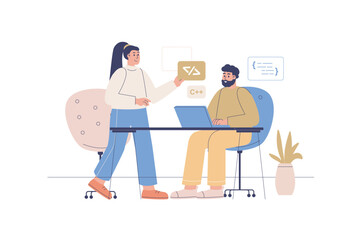 Team developers web concept with people scene. Man and woman creating software, discussing task and brainstorming, programming and coding. Character situation in flat design. Vector illustration.