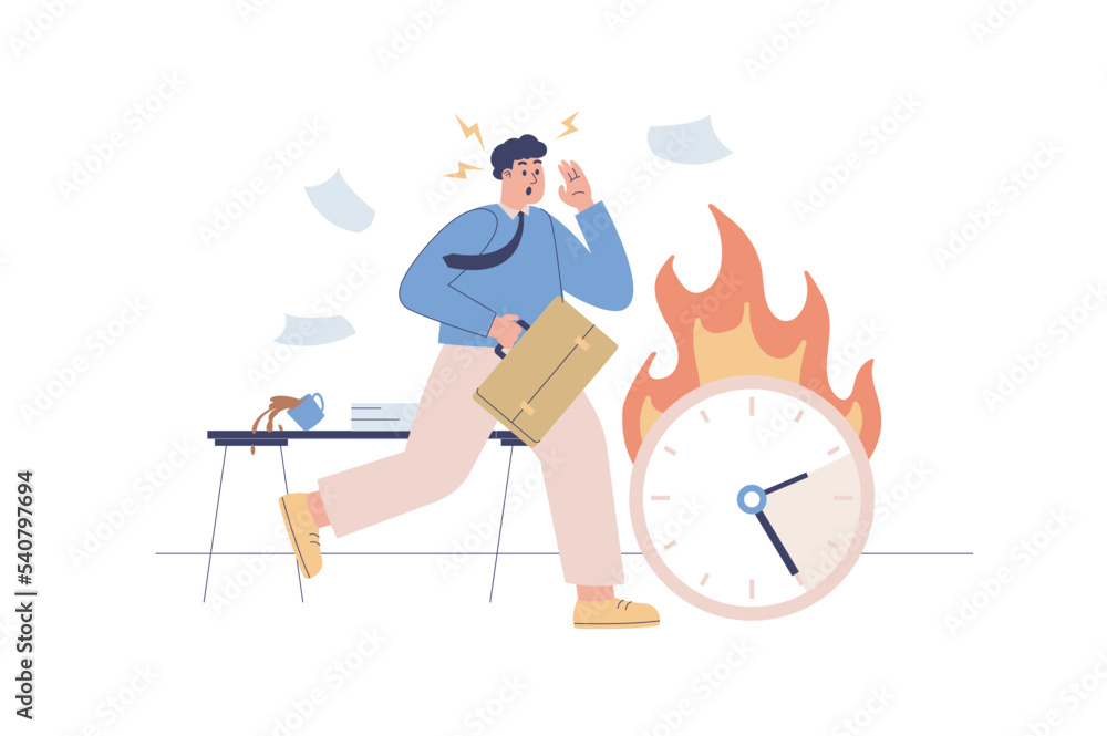 Poster deadline web concept with people scene. worried businessman running and trying to keep up with sched