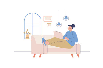 Freelance working web concept with people scene. Woman working remotely as designer and making task using laptop while sitting at sofa at home. Character situation in flat design. Vector illustration.