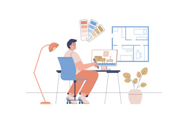 Interior designer web concept with people scene. Man placing furniture for future apartment, creating blueprint, working with color palette. Character situation in flat design. Vector illustration.