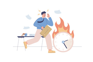 Deadline web concept with people scene. Worried businessman running and trying to keep up with schedule. Time pressure to man at workplace. Character situation in flat design. Vector illustration.