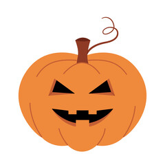 Halloween pumpkin with scary face. Jack o lantern. Hand-drawn colored flat vector illustration isolated on white background.