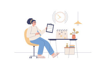 Time management web concept with people scene. Woman planning tasks in checklist and calendar, effective time spending and achieved goals. Character situation in flat design. Vector illustration.