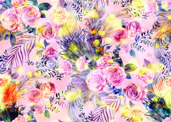 Fototapeta na wymiar Seamless mix watercolor pattern with flowers of delicate roses and dry branches with the effect of glowing lanterns and leaves of palm trees for textile 