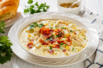 Chicken Corn Chowder in bowl, top view
