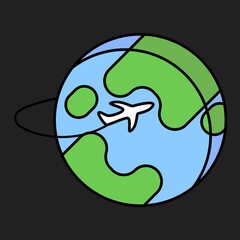 earth icon with airplane on gray background