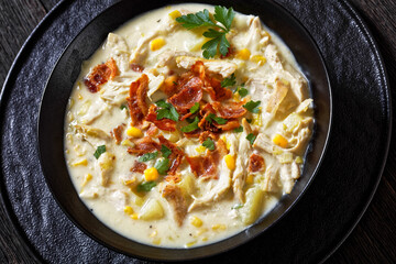 Chicken Corn Chowder in bowl, top view