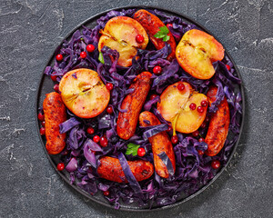 Seared Sausage, Red Cabbage and Apples on plate
