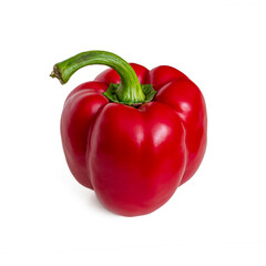Bright red bell pepper with a thick green stem on a white background