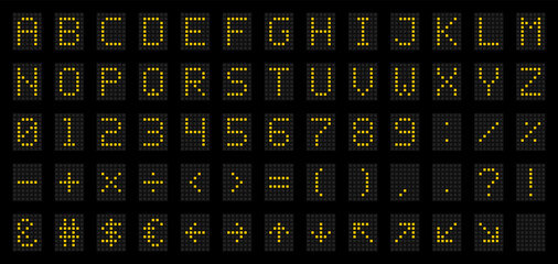 LED Digital Alphabet for Electronic Digital Display, Signages, Information Panels, Sports, Games, Data Boards, Schedules. Dot font with yellow letters, numbers, signs and symbols. Vector illustration