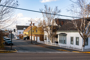 historical street of downtown Biddeford, state of Maine, USA.