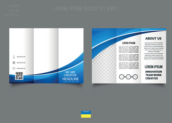 Editable tri-fold brochure design with blue wave shape. Flyer for printing. Catalog Vector Template.