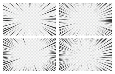 Manga transparent backgrounds, vector set of anime comic speed action effects with radial line frames. Comics book cartoon explosion flash, superhero motion, zoom or boom burst effects with light rays