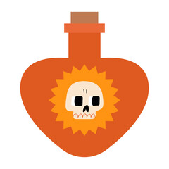 Magic poison with skeleton. Halloween vector illustration on isolated background. Bottle of toxic potion with cute skull. Alchemy elixir.