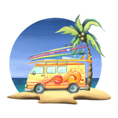 A yellow van with surfboards on the roof walking on a sandy island with a coconut palm against the background of the sea and sky. Watercolor illustration from the SURFING collection. In cartoon style.