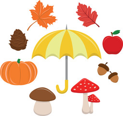 Fototapeta na wymiar Set vector of autumn icons, mushrooms, leaves, umbrella, nuts and pumpkin