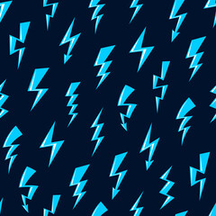 Cartoon blue lightnings, flashes, thunderbolts seamless pattern. Thunder bolts vector background with lightning strikes of storm weather electric energy discharges. Magic power lightnings backdrop