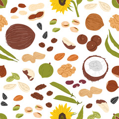 Nuts, seeds and beans seamless pattern with vector almond, walnut, peanut and hazelnut. Food background with raw seeds of sunflower and pumpkin, coconut, cashew, macadamia, pistachio, green pea pods