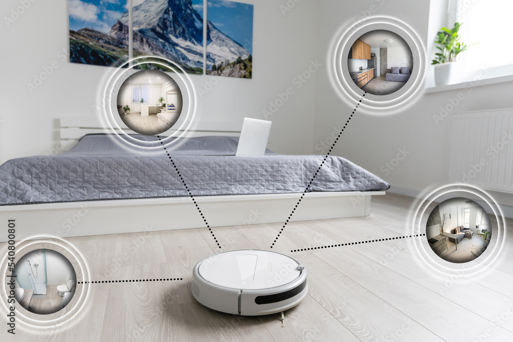 Poster cleaning automation robotic service. cleaner touched smart phone robot arm icon on virtual cleanup s
