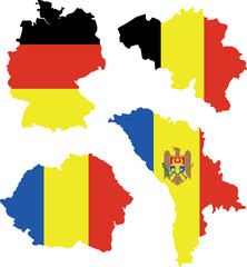 Set of maps of different countries and flags, vector graphics