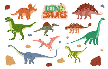 Cartoon dinosaur characters and dino eggs. Vector prehistoric monster animals, raptor personages of triceratops, pterodactyl, brontosaurus and stegosaurus, ankylosaurus, tyrannosaurus or t-rex © Buch&Bee