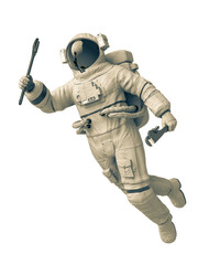astronaut mechanic is floating with a pipe wrench on his hand