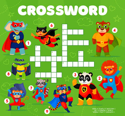 Crossword grid, superhero cartoon animal characters quiz game. Vector worksheet of find a word puzzle or riddle game with cute cat, lion and tiger, brave bear, raccoon, panda and elephant super heroes
