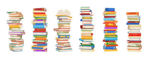 High book stacks and piles of vector books, school textbooks and bestsellers, dictionaries and encyclopedias, library or bookstore literature. Isolated stacks of cartoon books, knowledge, education - 540801291