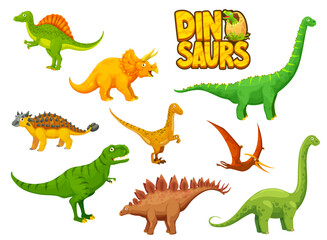 Cartoon dinosaur characters of cute prehistoric animals, bird and dino egg. Funny personages of vector triceratops, brontosaurus, spinosaurus, tyrannosaurus and brachiosaurus, pteranodon, velociraptor