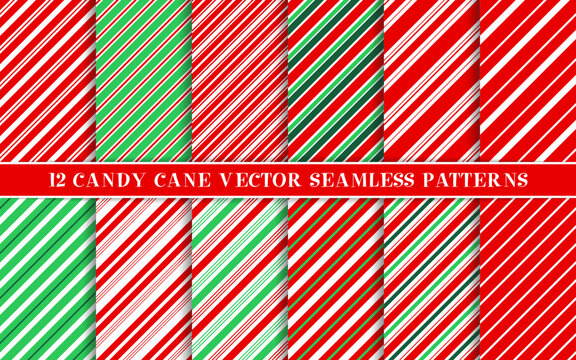 Candy cane christmas pattern. Vector seamless Christmas striped backgrounds. Red, green, white, peppermint wrapping texture. Xmas holiday diagonal stripes. Set of cute caramel package geometric prints