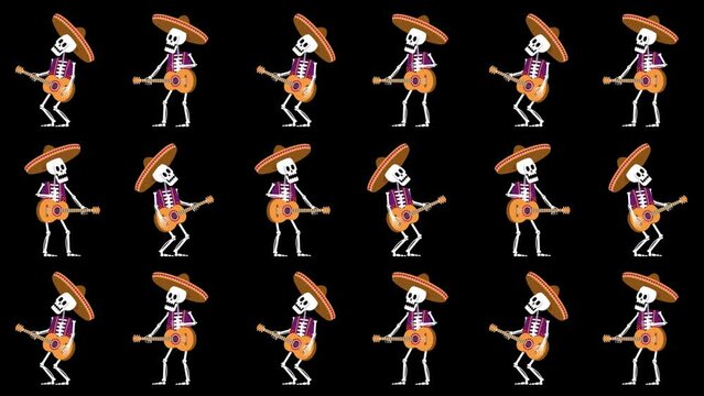 Dancing mexican skeletons with guitar. Day of the dead. Looped animated seamless pattern