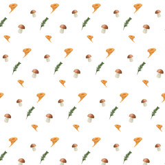mushrooms seamless pattern on white background. Surface design for textile, fabric, wallpaper, wrapping, giftwrap, paper, scrapbook and packaging