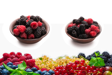 Gooseberries, blueberries, mulberry, raspberries, white and red currants isolated