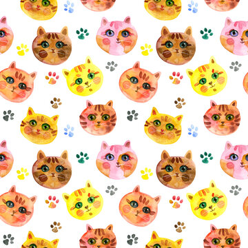 Seamless pattern of Cartoon faces of cats on a white background. Cute Cat muzzle. Watercolour hand drawn illustration. For fabric, sketchbook, wallpaper, wrapping paper.