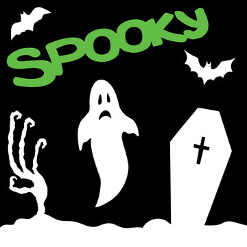 Spooky ghost, coffin, evil hand and bats on black background. White silhouette on black. Happy Halloween. Spooky. Hand drawn Halloween elements and font