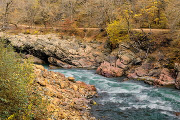 Landscape of a fast mountain river with a narrow channel