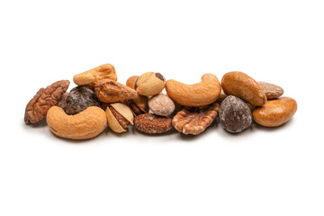 A group of almonds, pistachios, walnuts, macadamia, cashews.