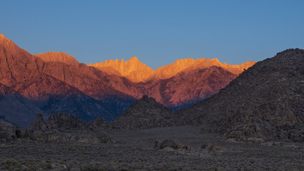 Alabama Hills National Scenic Area, looking west, with the Sierra Nevada in the background, shown in Lone Pine, California, United States.