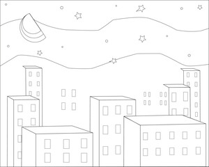 Urban landscape. Contour drawing of houses. Stylization. Moon over the city.Vector illustration.300 dpi.Flat design.
