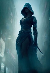 A fictional person, not based on a real person. Fantasy portrait of a militant female assassin in an ancient assassin costume. The concept of ancient warriors. 3D rendering