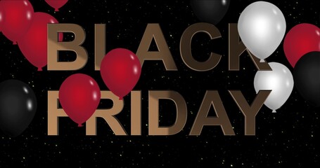 Black Friday advertisement with golden sign and black and red balloons, background , 3D illustration