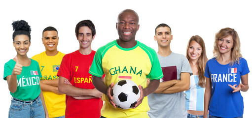 Football fan from Ghana with soccer ball supporters from Spain Brazil Mexico Qatar Argentina and France